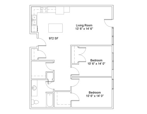 Floor plan for 2 beds, 1 bath, 972 sqft